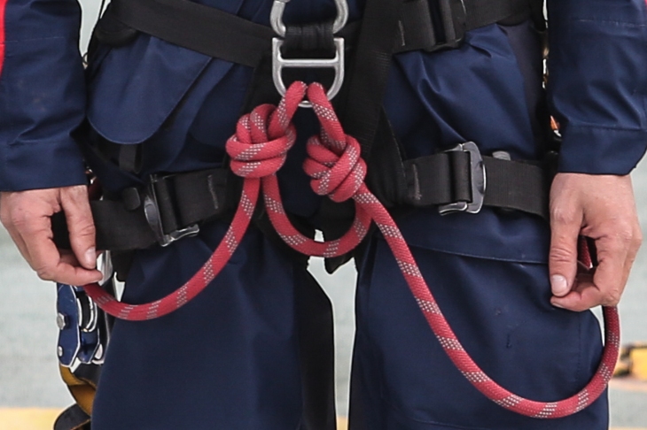 Two lanyards tied from one 12ft length of dynamic line. The point isolated between the lanyards creates a loop that serves as another point of connection.